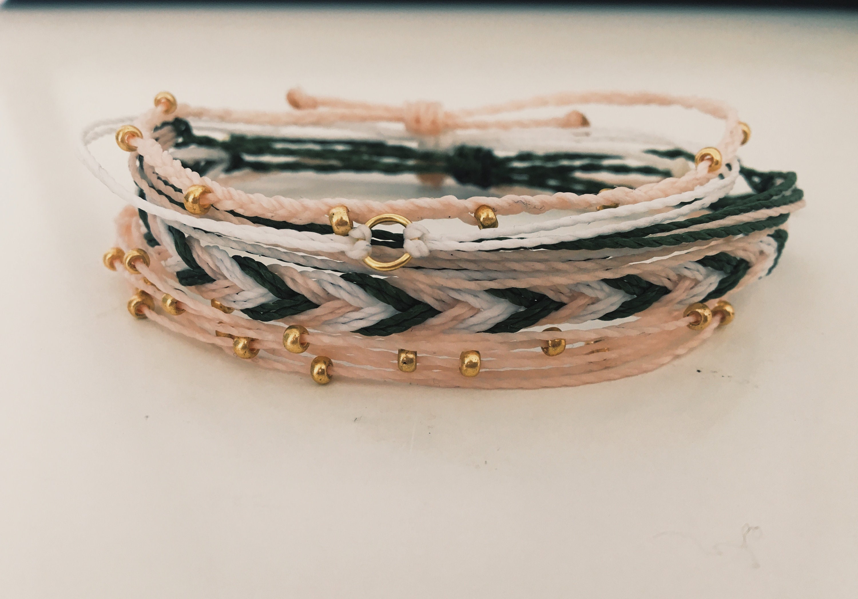 Gold Light Pink Olive Green Waterproof String Bracelet Set