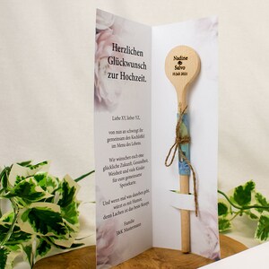 Geldgeschenk, Gutscheinkarte, Glückwunschkarte Hochzeit, Kochlöffel, Trauung, Brautpaar, Gravur, personalisiert