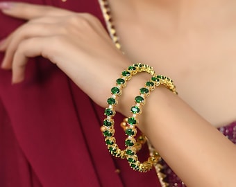 Ratnavali Jewels CZ Zirconia Gold Tone Green Red Diamond Bollywood Indian Bangles Bracelet Jewelry