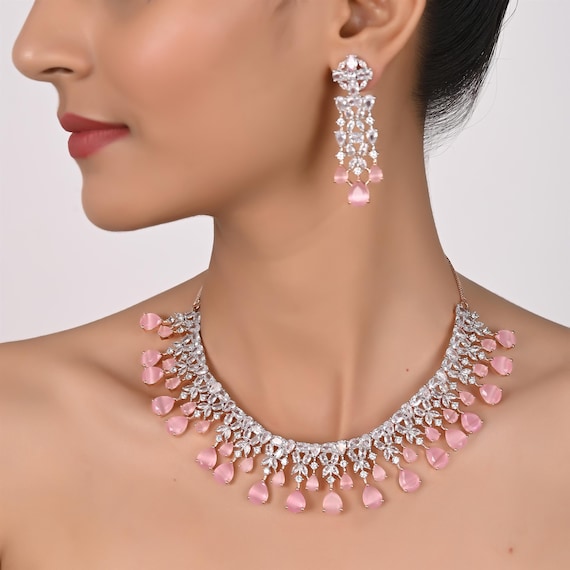 Cubic Zirconia Pink Color Necklace Set Bridal Wedding Indian 