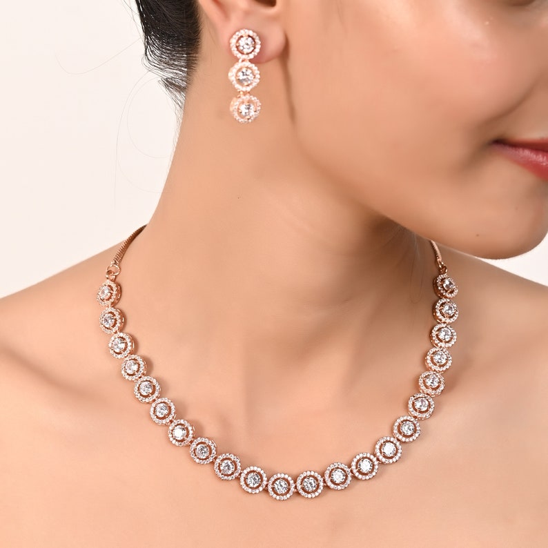 Cubic Zirconia Necklace Set Bridal Wedding Indian Single Line Necklace Bollywood Jewelry CZ Jewelry American Diamond jewellery Set image 5