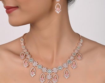 cubic Zirconia Pink Mint Color Necklace Set Bridal Wedding Indian Necklace Bollywood Jewelry CZ Jewelry American Diamond jewellery Set