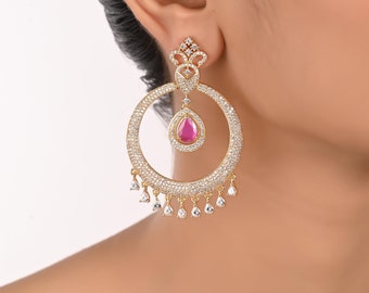 Ratnavali Jewels Cubic Zirconia Chandbali Gold Silver Rose Plated Indian Dangle Drop Earrings