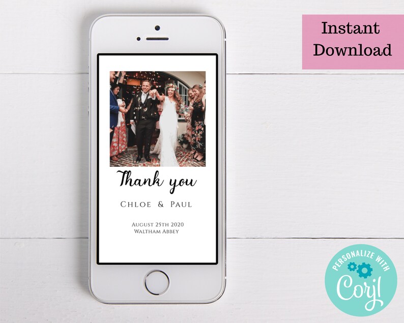 Electronic Wedding Thank You With Personalised Photo. Editable Etsy