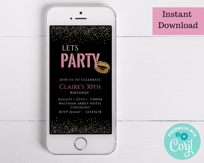 You can download customise and share instantly. Editable instant download Electronic birthday invite with pink and black design