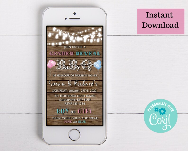 Gender reveal invite with rustic BBQ design customise and share instantly. Editable electronic Instant download Mobile invitation