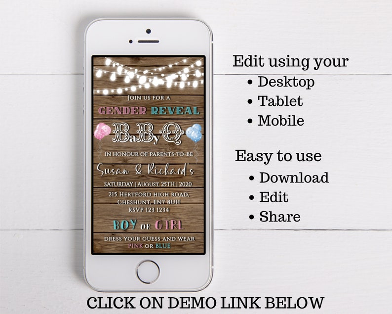 Gender reveal invite with rustic BBQ design customise and share instantly. Editable electronic Instant download Mobile invitation