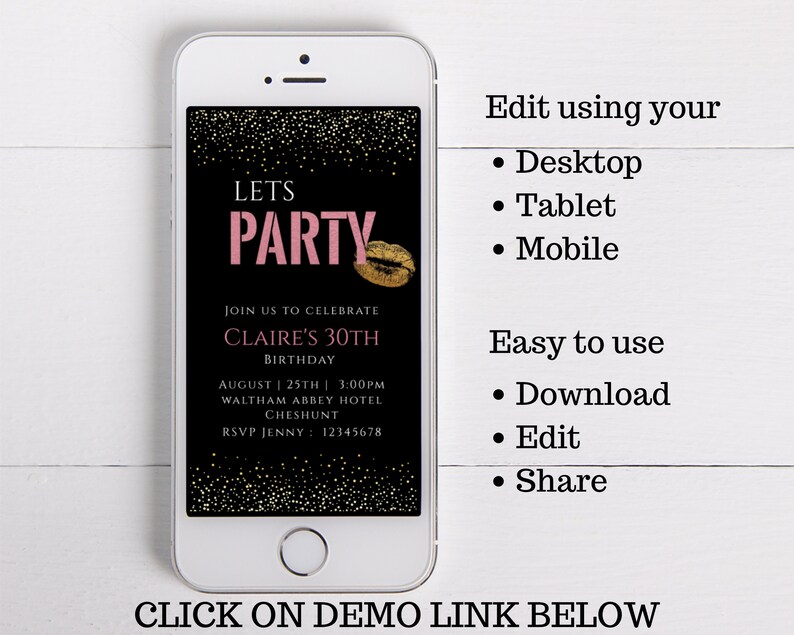 You can download customise and share instantly. Editable instant download Electronic birthday invite with pink and black design