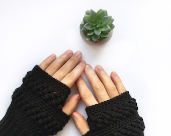 Peut inclure: Une paire de mitaines noires en crochet. Les mitaines sont présentées sur un fond blanc avec une petite plante succulente en pot dans le coin supérieur droit.