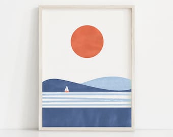 Sailboat Print, Nursery Wall Art, Abstract Landscape Art, Beach Poster, Ocean Waves Prints, One Piece Poster, Sailing Art, Boho Beach Print