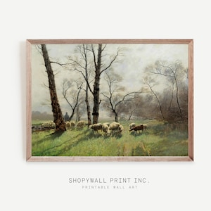 Shepherd&#39;s Countryside, Vintage Print of a Rustic Landscape with Sheep Painted in a Country Farmhouse Style, Famous Painter Painting