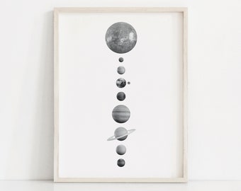 Solar System Wall Art, The Solar System Poster, Black and White, Planets Printable, Space Poster, Space Print, Minimalist, Digital Download