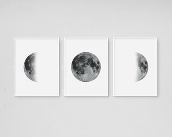 Set of 3 Moon Prints, Wall Art, Moon Phases Poster, Minimalist Moon Art, La Lune Affiche, Lunar Phases Wall Art, Digital Download