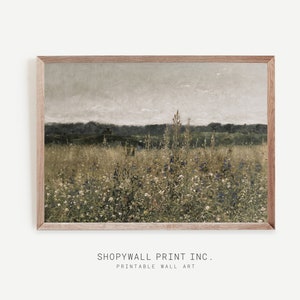 Vintage Meadow Landscape Art - Rustic Field Wall Art, Country Nature Printable, Digital Download Wildflowers Scene