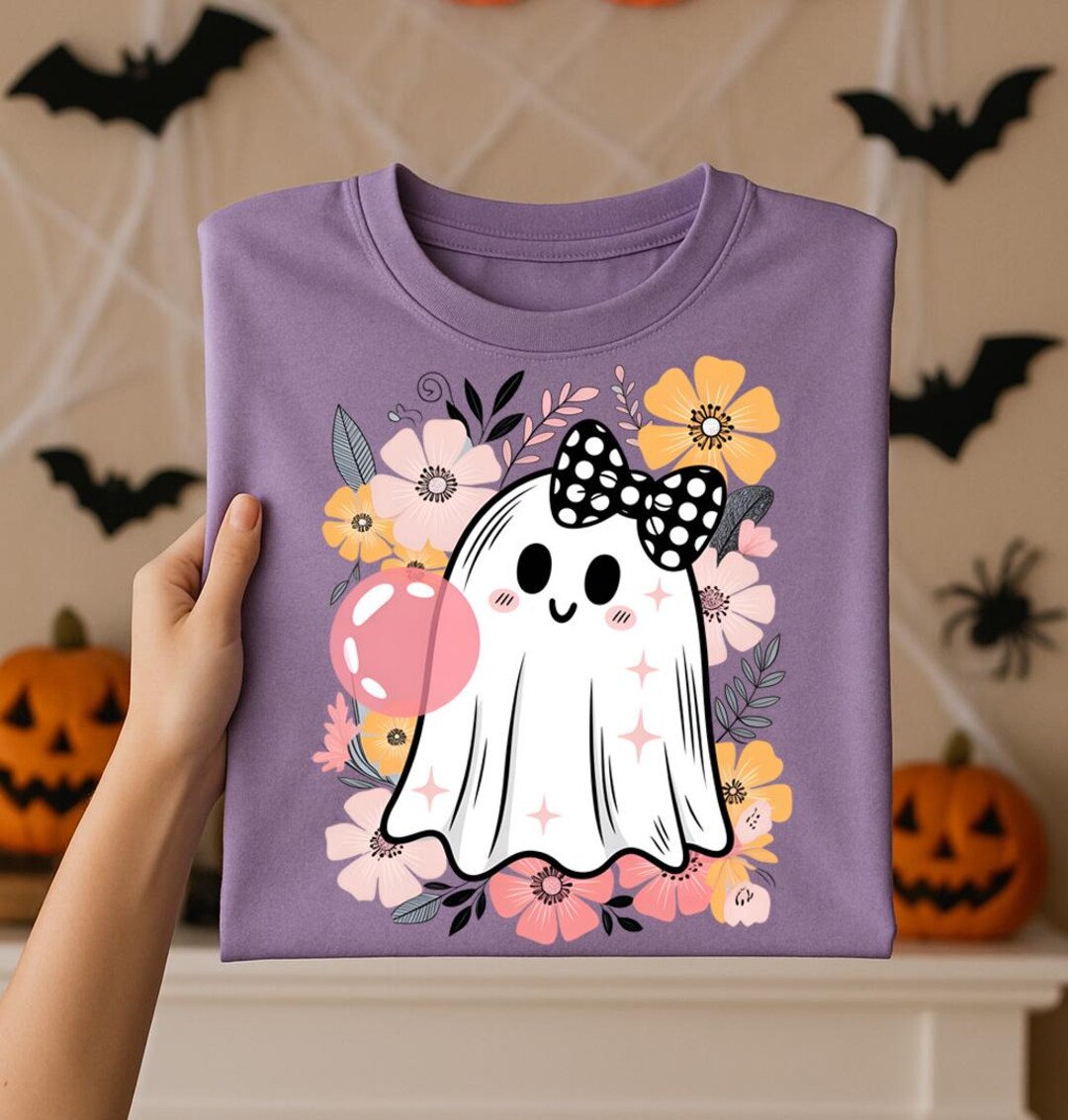 Cute Ghost PNG With Polka Dot Bow and Flowers, Girly Halloween ...