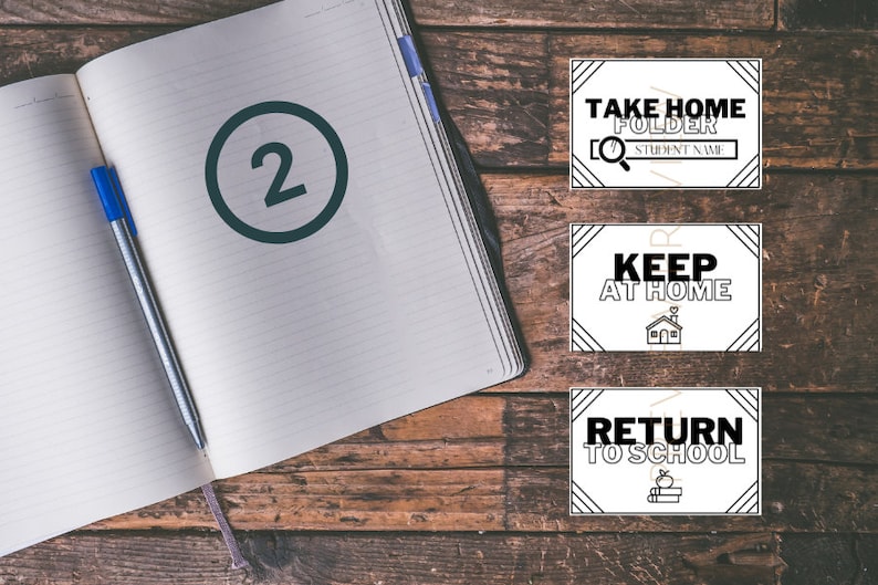 Puede incluir: Tres carteles imprimibles con texto negro sobre fondo blanco. El cartel superior dice "Take Home Folder" con un icono de lupa y el texto "Student Name". El cartel del medio dice "Keep at Home" con un icono de casa. El cartel inferior dice "Return to School" con una pila de libros y un icono de manzana.
