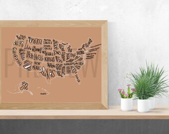 Karte von USA | US Landkarte | Digitaldruck | Druckbare Karte | Dekor | Poster | Büro | Schule | Klassenzimmer | Artnr