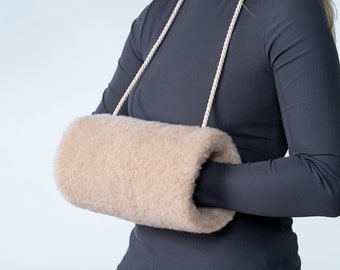 Manchon en laine mérinos avec poche, chauffe-mains hiver en laine mérinos pour femme