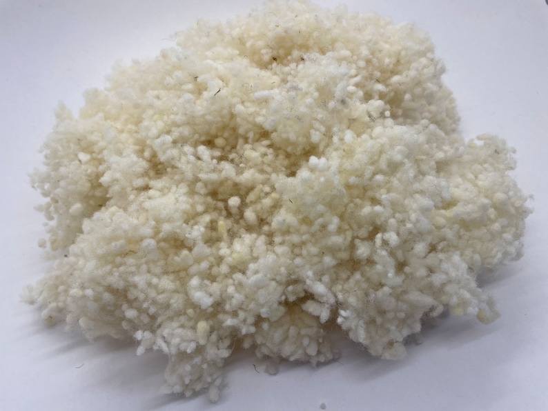 May include: A close-up of a pile of white wool fibres. The wool is soft and fluffy, and it appears to be natural.