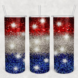 Red White Blue Glitter Skinny Tumbler Sublimation Png , 4th of July Glitter Tumbler Wrap Png file Digital Download