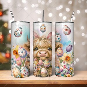 Easter Highland Cow 20 oz Skinny Tumbler Sublimation Design Png, Spring Floral Eggs Tumbler Wrap Png Instant Download