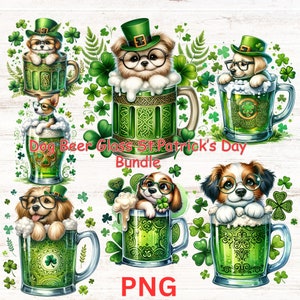 May include: A set of five digital images featuring cute cartoon dogs dressed in green shamrock hats holding beer glasses. The images are perfect for creating St. Patrick's Day themed crafts, party decorations, or digital designs.