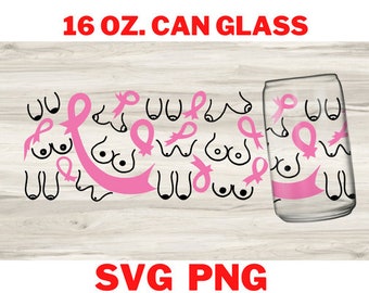 Breast Cancer Awareness Can Glass Svg, Pink Ribbon Breast Cancer Awareness Full Wrap for 16 Oz Libbey Glass Wrap Svg,Png File Digital