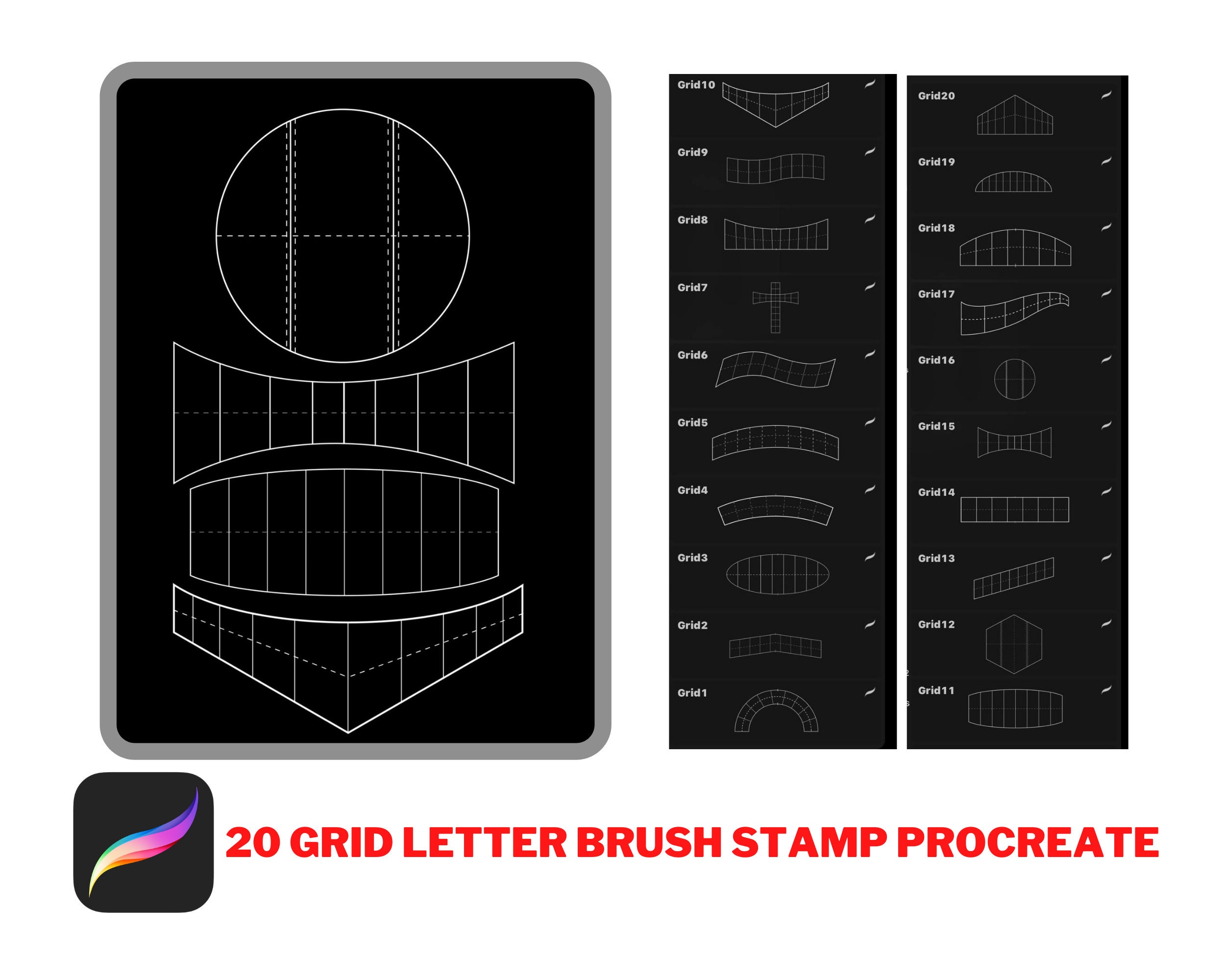 Pinceles de sello Procreate Grid de Lettering y Letter Builder para iPad