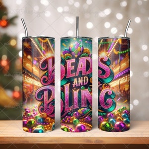 Mardi Gras 20 Oz Skinny Tumbler Design PNG,  Beads And Bling Tumbler Gift Png, Mardi Gras Carnival Sublimate Design