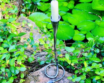 Hand forged viking candlestick, with leaf accent