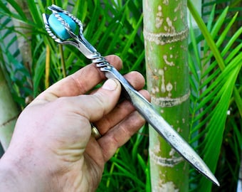 Hand forged, turquoise letter opener, letter knife