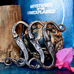 May include: A black metal decorative piece with a unique, twisted design. The piece has a series of loops and curves, resembling a stylized animal or creature. The metal has a dark, aged finish, giving it a rustic and antique look.