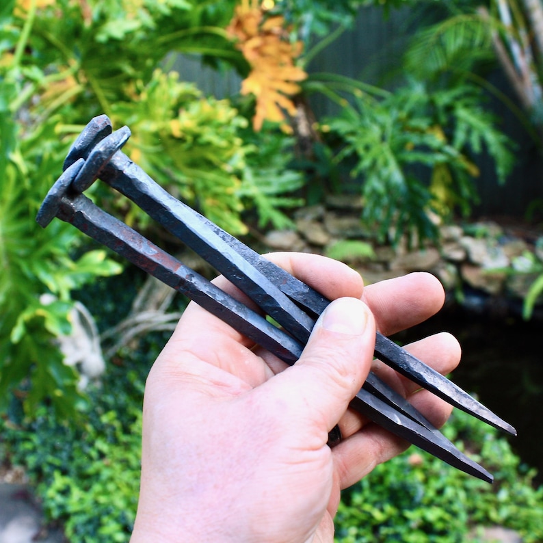 May include: A close-up of three dark metal nails with square heads, held in a hand. The nails are a dark gray color with some rust-colored areas. The background is blurred green foliage.