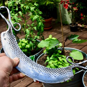 May include: A hand holds a silver cheese knife with a textured blade and two decorative loops at the handle. The knife is in front of a potted plant.