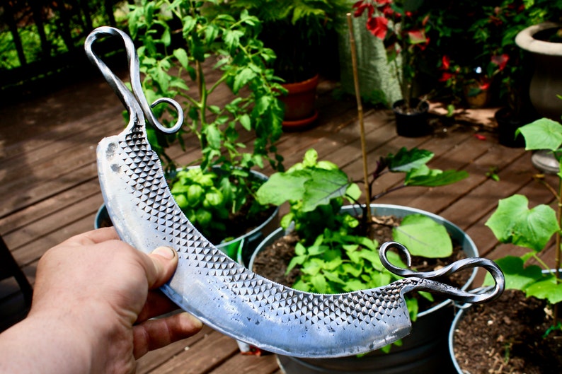 May include: A hand holds a silver cheese knife with a textured blade and two decorative loops at the handle. The knife is in front of a potted plant.