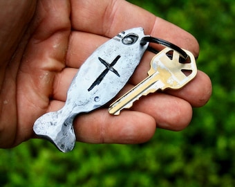 Hand forged, Jesus fish keychain, the fisher of men