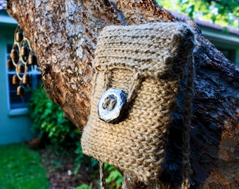 hand crocheted, hemp smart phone pouch, with forged button