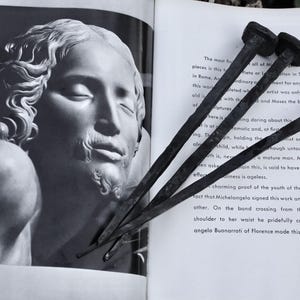 May include: Three dark, square-headed nails rest on an open book featuring a black and white image of a sculpture. The nails are positioned near the text, adding a rustic, industrial contrast to the classical art.