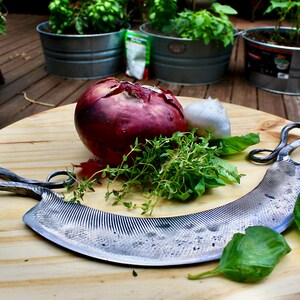 May include: A close-up of a  handmade, wavy,  metal  grater with a wooden handle. The grater is on a wooden cutting board with a red onion, garlic, and fresh herbs.