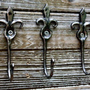 Peut inclure: Trois crochets muraux décoratifs en métal avec un motif de fleur de lys sont fixés sur une surface en bois vieilli. Les crochets gris foncé ont un dessus orné et un crochet incurvé. Chaque crochet est fixé avec une vis argentée.