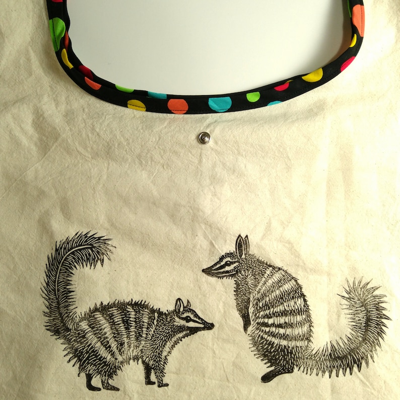 foldable compact bag Numbat shopping bag \u2013 hand made and block printed Australian wildlife calico with polka dots binding