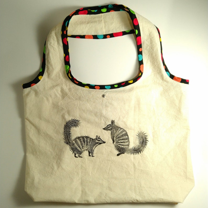 foldable compact bag Numbat shopping bag \u2013 hand made and block printed Australian wildlife calico with polka dots binding