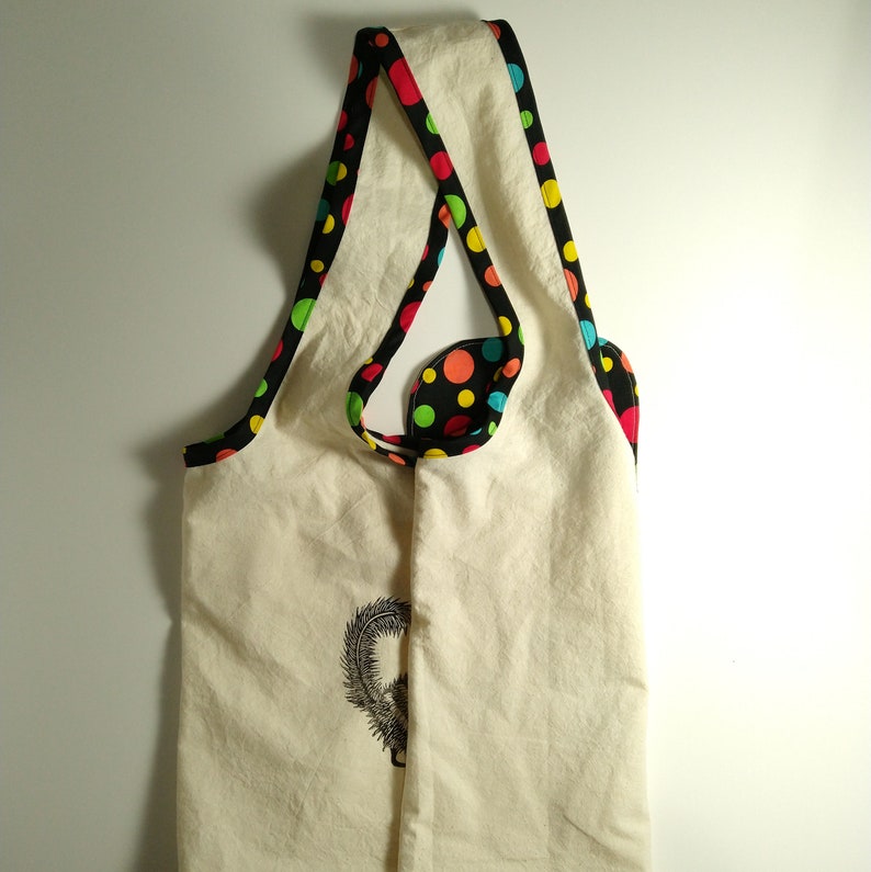 foldable compact bag Numbat shopping bag \u2013 hand made and block printed Australian wildlife calico with polka dots binding