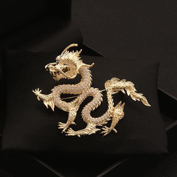 Broche de dragón de oro de pedrería, broche de hombre, broche vintage, pin de traje elegante, joyería Hanfu, año del dragón del signo del zodíaco 2024, regalos para él