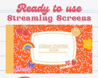 May include: A bright orange and pink notebook-style streaming screen overlay with a white frame and the text "STREAM STARTING SOON". The overlay is decorated with colourful stickers, including a rainbow, a butterfly, a flower, a heart, and a strawberry.