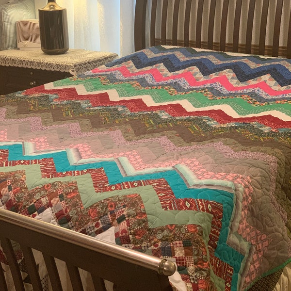 Handmade quilt For Sale: Western Chevron- Teal, Brown, Red, Blue