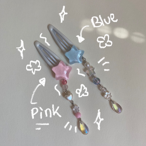 Star beaded hair clips pink and blue