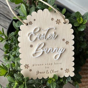 May include: A wooden sign with scalloped edges and a white rope hanger. The sign says "Easter Bunny" in white lettering and "Please stop here for Gracie & Oliver" in brown lettering.