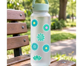 x8 TEAL Fiesta Spring Flower Sticker for Water Bottle Laptop Journal Scrapbook. Water resistant - 3 cm