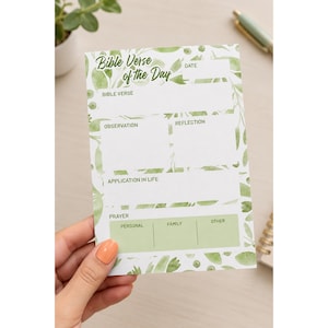 May include: A rectangular paper sheet titled Bible Verse of the Day with a green watercolour leaf pattern. It features sections for Date, Bible Verse, Observation, Reflection, Application in Life, and a Prayer section divided into Personal, Family, and Other.